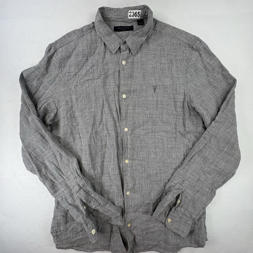 AllSaints Haku Shirt Mens Large Gray Micro Check 100% Linen Ramskull Long Sleeve